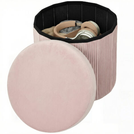 Banc coffre de rangement ottoman, coffre de rangement pliable, 35 L, 38 x 38 x 38 cm, revêtement en velours, coffre de rangement rond rose (1/5)