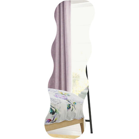 Miroir pleine longueur sans cadre, socle en bois, positionnable à volonté, forme ondulée, noir (1/5)