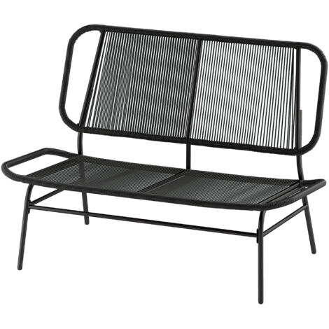 Canapé d'extérieur 2 places en rotin, assise et dossier en tissu rotin, structure en acier, charge maximale 240 kg, noir (1/5)