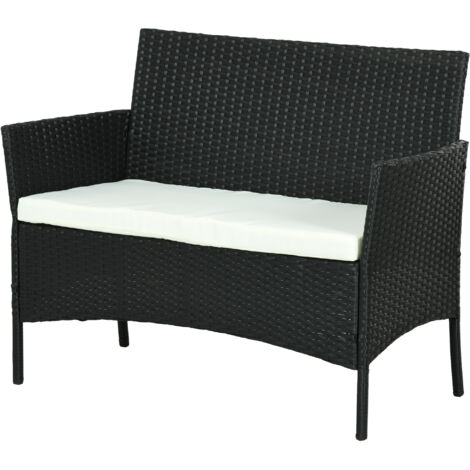 Canapé de jardin 2 places avec coussins et accoudoirs en rotin PE et acier, 107 x 55 x 80 cm, noir (1/5)