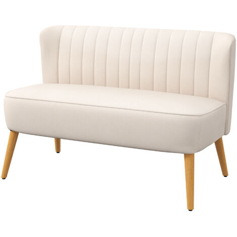 Canapé 2 places style rétro, pieds en bois, 117 cm x 56,5 cm x 77 cm, blanc crème (1/5)