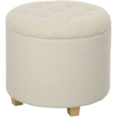 Pouf de rangement rond avec couvercle et pieds en bois, repose-pieds pour salon, entrée, chambre, blanc crème (1/5)