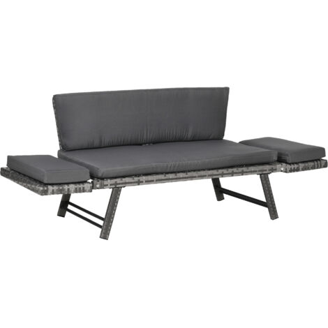 Canapé de jardin 2 places en rotin avec rembourrage et accoudoirs rabattables, 129 x 63 x 67 cm, gris (1/5)