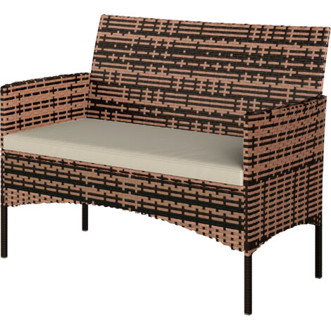 Canapé de jardin 2 places avec coussins et tapis antidérapants, en rotin et acier, 115 x 63 x 85 cm, beige (1/5)