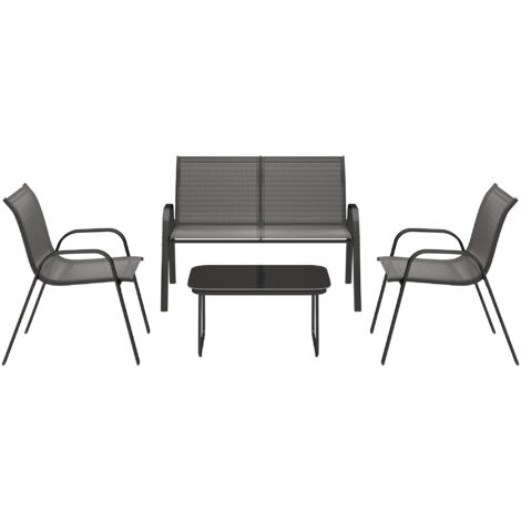 Ensemble de jardin avec canapé 2 places, 2 fauteuils empilables et table basse en verre, noir (1/5)
