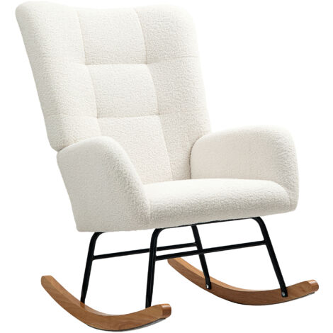 Fauteuil à bascule en velours Teddy, métal et bois, pour chambre et salon, 70 x 94 x 100 cm, blanc crème (1/5)