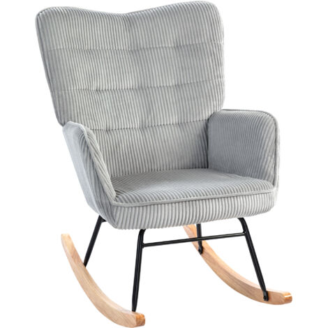 Fauteuil à bascule vintage, patins incurvés, rembourrage épais, bois de hêtre et acier, gris clair (1/5)