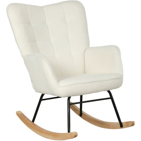 Fauteuil à bascule en tissu polaire avec accoudoirs, fauteuil ergonomique avec patins en bois, pour salon, chambre, blanc (1/5)
