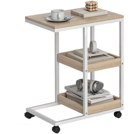 Table d'appoint en forme de C avec roulettes, étagères ouvertes et structure en acier pour salon ou chambre, 51 x 33 x 66 cm, naturel et blanc (1/5)