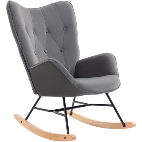 Fauteuil à bascule matelassé, patins en bois, aspect velours, jusqu'à 150 kg, gris foncé (1/5)