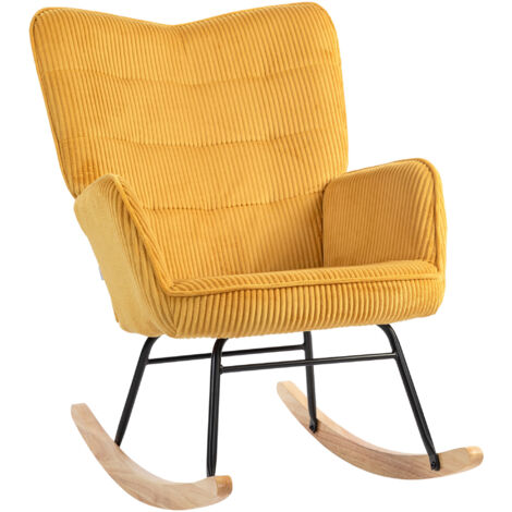 Fauteuil à bascule vintage, patins incurvés, rembourrage épais, bois de hêtre et acier, jaune (1/5)