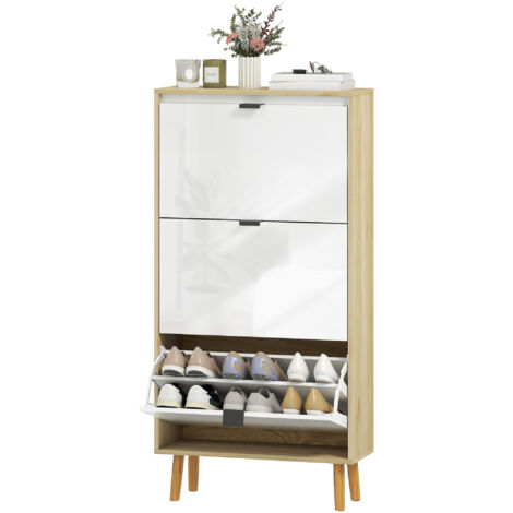 Meuble à chaussures, armoire à chaussures étroite, 3 tiroirs rabattables, porte haute brillante, 60x24x127cm, blanc (1/5)
