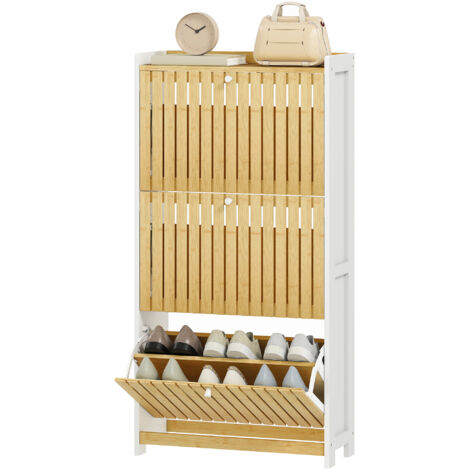 Meuble à chaussures 18 paires avec 3 tiroirs rabattables, portes en bambou à lattes, 60x24x118cm, blanc et bois naturel (1/5)
