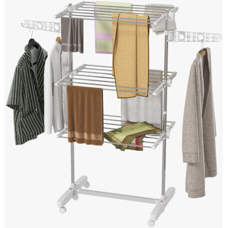 Étendoir à linge vertical pliable avec 6 roues, 2 côtés pliables, étagères réglables et structure en acier inoxydable pour une utilisation intérieure et extérieure, argent (1/5)