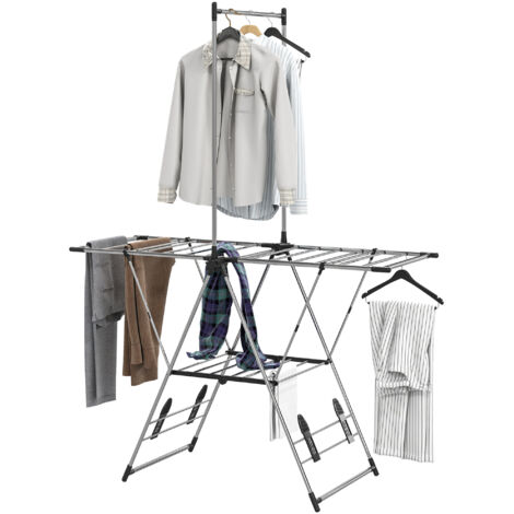 Étendoir à linge vertical pliable avec ailes réglables, 4 étagères à chaussures, barre et étagère, 139 x 62,5 x 201 cm, argent (1/5)