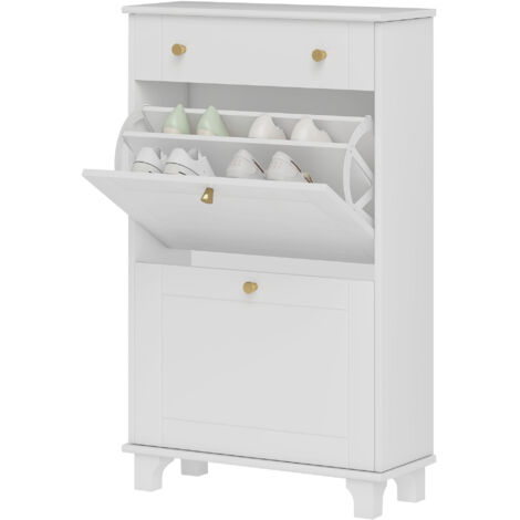 Meuble à chaussures blanc, étagère à chaussures étroite avec 2 portes à charnières et 1 tiroir pour 8 paires de chaussures, 60 x 23,5 x 98,5 cm (1/5)