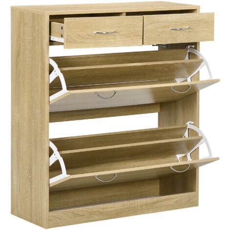 Meuble à chaussures étroit avec 2 tiroirs abattants pour 12 paires de chaussures, 80 x 30 x 91,5 cm, chêne (1/5)