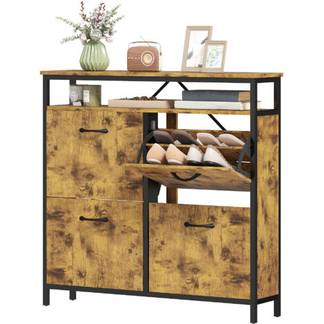 Meuble à chaussures avec 4 tiroirs rabattables, design fin, étagère ouverte, pour 12 à 20 paires de chaussures, acier, marron (1/5)
