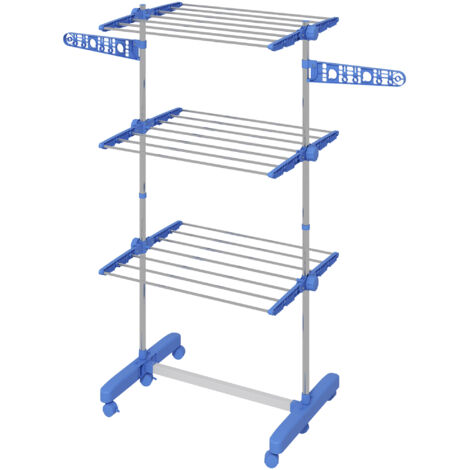 Étendoir à linge vertical à 3 niveaux avec 6 roues, 2 côtés rabattables, étagères réglables et structure en acier inoxydable - Bleu (1/5)