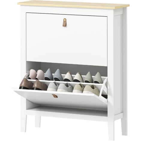Étagère à chaussures étroite à 2 compartiments avec poignées en similicuir pour couloirs et entrées, 80 x 24 x 95,5 cm, blanc et bois (1/5)