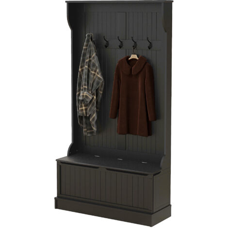 Porte-manteau avec banc de rangement pour chaussures et 5 crochets, style moderne, 96 x 34 x 179,7 cm, noir (1/5)