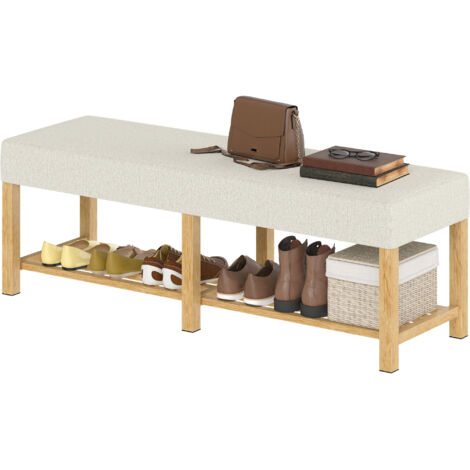 Banc à chaussures avec assise rembourrée pour 2 personnes, étagère ouverte, structure en bois, 140 x 44 x 48 cm, crème et bois naturel (1/5)