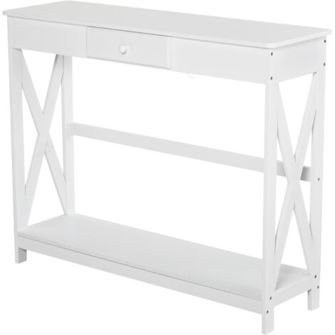 Console en bois, table d'entrée avec 1 tiroir et 1 étagère de rangement pour couloir ou salon, 100 x 30 x 81 cm, blanche (1/5)