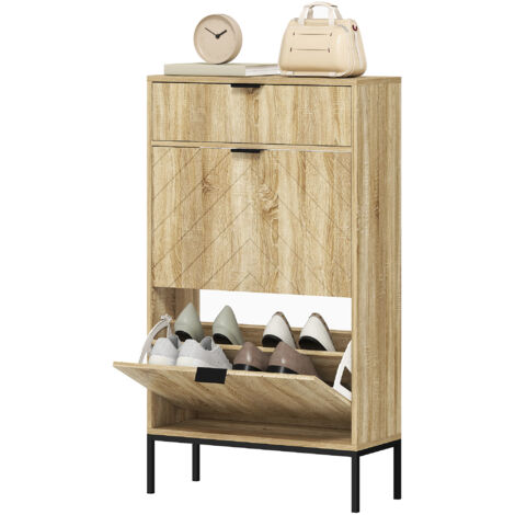Meuble à chaussures 8 paires avec tiroir coulissant, 2 tiroirs rabattables, étagères réglables, 60x24x105,5cm, chêne (1/5)