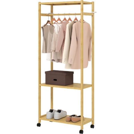 Porte-manteau sur pied avec barre, étagères et 4 roulettes en bambou, 70 x 35 x 175 cm, bois naturel (1/5)