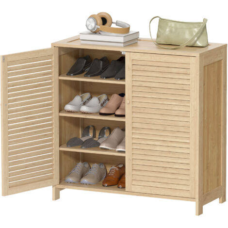 Meuble à chaussures en bambou avec portes persiennes, capacité de 14 paires, étagères réglables, naturel (1/5)