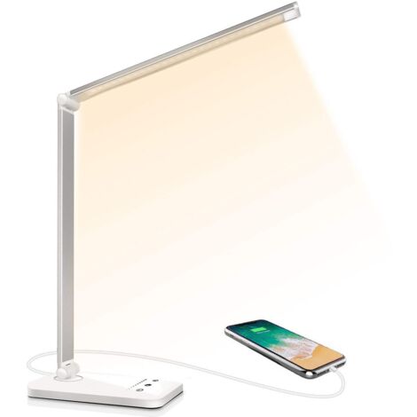 Lampe de Bureau LED, Dimmable 5 Modes de Couleur 10 Niveaux de Luminosité, Flexible Contrôle Tactile Protection des Yeux,Lampe de chevet Avec Port USB et Fonction Minuterie