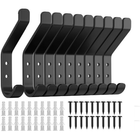 Lot de 10 crochets de rangement, crochets noirs à visser, crochets muraux pour panneaux acoustiques, panneaux muraux, chambre, salon, salle de bain, pour vêtements, vestes, métal 10 cm (1/5)