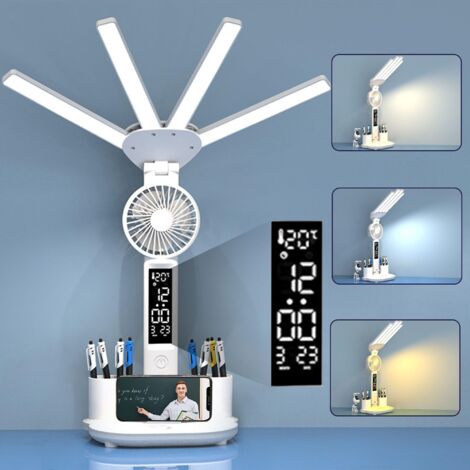 Lampe de bureau LED 4 têtes ventilateur intensité variable horloge porte-stylo calendrier 3 températures de couleur lampe de lecture (1/5)