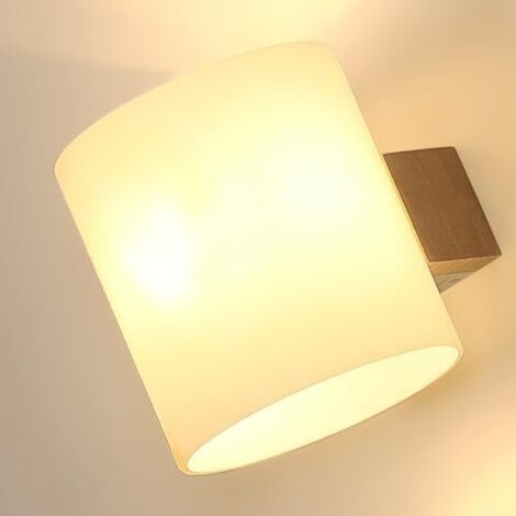 Applique Murale Intérieure Bois E27, Lampe Murale Design Minimaliste 3000K-6500K, Abat-jour en Verre Design Éclairage Mural pour Chambre Couloir Escalier Salon (avec 1 Ampoule Tricolore 12W) (1/5)