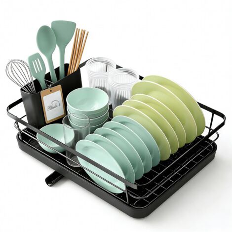 Egouttoir Vaisselle Cuisine Noir - Egoutoire Compact et Gain de Place, Seche Vaisselle en Acier Inoxydable avec Porte-Couverts, 30,5 x 38,1 x 12,5 cm (1/5)
