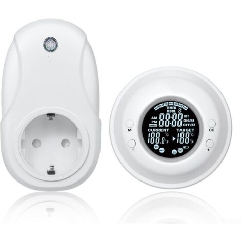 Prise thermostatique sans fil avec télécommande pour chauffage et refroidissement, écran LCD, fonction DST, minuteries multiples, contrôle de la température personnalisé, compatible avec les appareils (1/5)