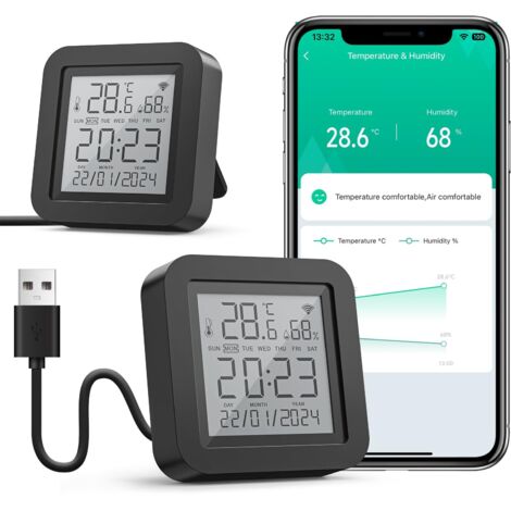 Thermomètre Hygromètre Connecté, WiFi Thermomètre Intérieur Capteur Humidité avec Alertes sur l'App, Contrôle par l’APP, Thermo-hygromètre pour Cave à Vin, Compatible avec Alexa(Pack de 2) (1/5)