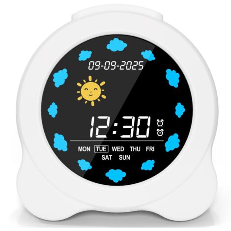 Réveil Enfant Jour Nuit Educatif Temps de l'Icône Réglable 2 Alarmes 3 Récurrence de l'Alarme 12/24 Heure Snooze 6 Chansons Luminosité de l'Ecran Réglable Chargeur Inclus (1/5)