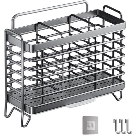 Egouttoir Couvert, Pot Ustensiles Cuisine, Porte Ustensiles Cuisine, Panier à Couverts en Acier Inoxydable avec Trois Compartiments et égouttoir, Mural, Installation Sans Trou, Amovible (Gris)
