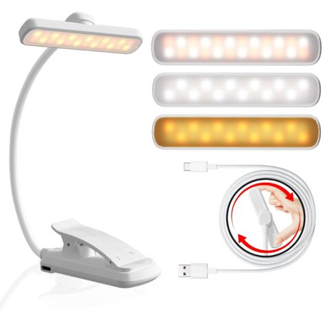 Lampe de Lecture Rechargeable, 24 LED Lampe Livre Clip, Protection des Yeux, 3 Couleurs & 5 Intensités, Gradation Progressive, 360° Cou Flexible, Portable Liseuse Lampe pour Lire au Lit, Blanc