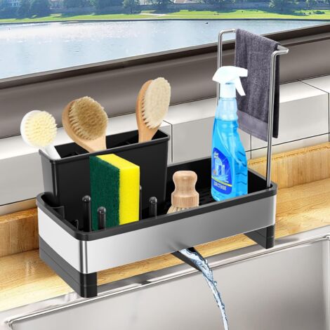 Range Eponge Evier Cuisine Organisateur d'évier en avec bac d'écoulement Automatique Porte éponge et Liquide Vaisselle Support pour Brosse, Noir
