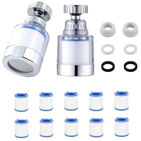 Lot de 2 Filtre à Eau pour Robinet 360°,Filtre à Eau pour Robinet avec 10 Éléments Filtrants Interchangeables en Coton,Détartreur de Robinet pour la Cuisine,L'évier,la Maison et la Salle de Bain (1/5)