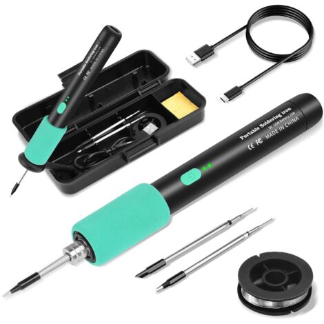 Kit de fer à souder avec batterie USB avec 3 températures réglables 270 ℃ à 450 ℃, 3 pannes à souder, support de fer à souder, fil à souder, fer à souder professionnel et sûr - Noir (1/5)