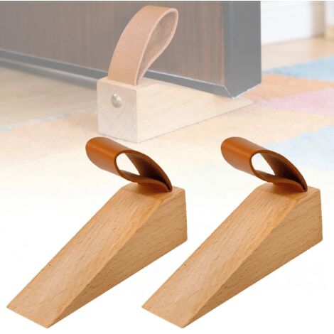 Cale Porte Sol, 2 Pièces Hêtre Cale Porte avec Coussinet en Silicone Antidérapant, Bloc Porte avec Poignée en Cuir, Convient aux Espaces de Porte de 5 à 30 MM (1/5)