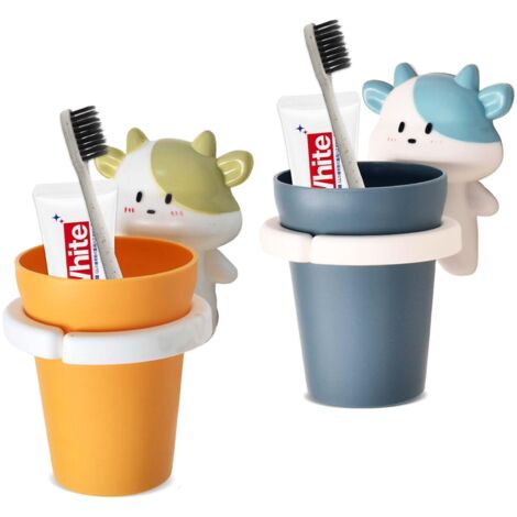 2 Pièces Porte-Brosse À Dent pour Enfants,Porte-Brosse À Dent Mural Motif Animaux De Dessin Animé,Porte-Gobelet À Dents sans Perçage,Porte-Brosse À Dents avec Tasse,pour Enfants (Jaune+Bleu) (1/5)