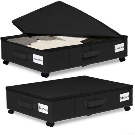 Boîte de rangement à placer sous le lit avec roues à roulement souple, organisateur pliable anti-poussière en tissu Oxford 600D pour vêtements, chaussures et jouets (Noir Taille Petite) (1/5)