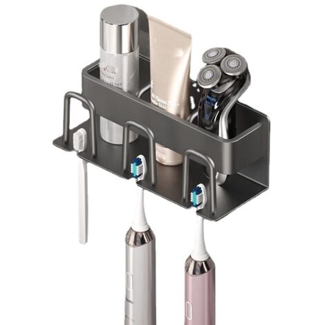 Porte-Brosse à Dents Mural en Aluminium, Support de Brosse à Dents électrique, Porte Brosse à Dents Adhésif avec 3 Tasses Support + 3 Fentes Têtes de Brosses à Dents Étagère (1/5)