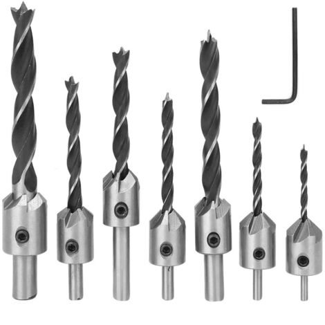 Set de Forets à Chanfreiner, 7 Pièces Mèches à Frapper à Trois Pointes Forets à Chanfreiner 3 4 5 6 7 8 10 mm, pour Bois Acier Rapide, Travail du Bois Menuiserie Alésoir avec 1 Clé Allen Gratuite (1/5)