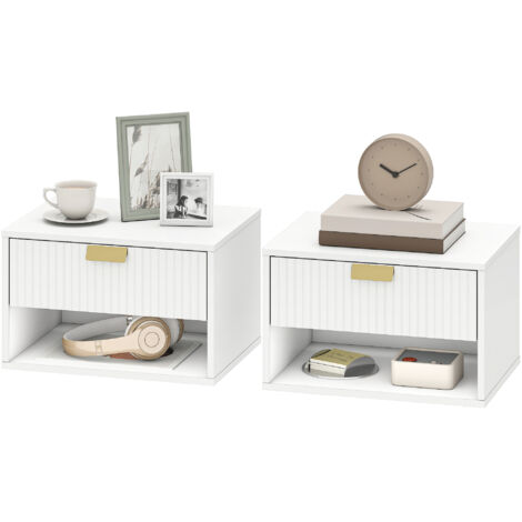 Ensemble de 2 tables de chevet suspendues avec tiroir, façade ondulée et étagère ouverte, design moderne, 40 x 30 x 25 cm, blanc (1/5)