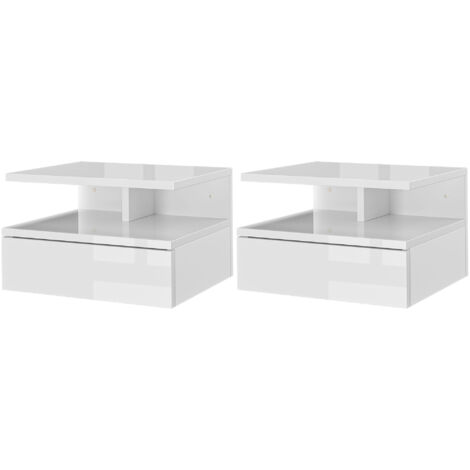 Ensemble de 2 tables de chevet suspendues avec 1 tiroir et une étagère ouverte pour chambre à coucher, 35 x 32 x 22,5 cm, blanc (1/5)